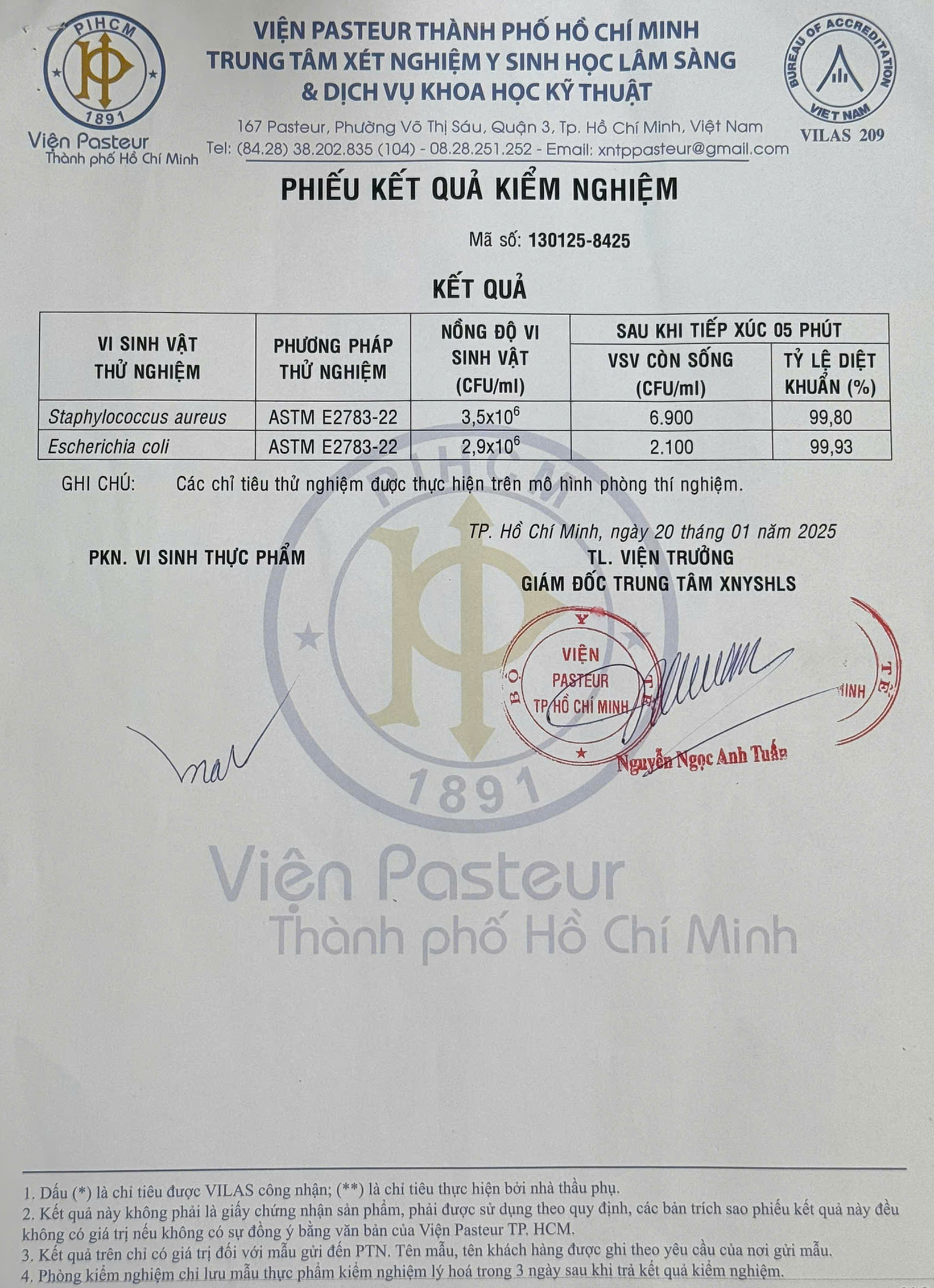 Phiếu kết quả kiểm nghiệm