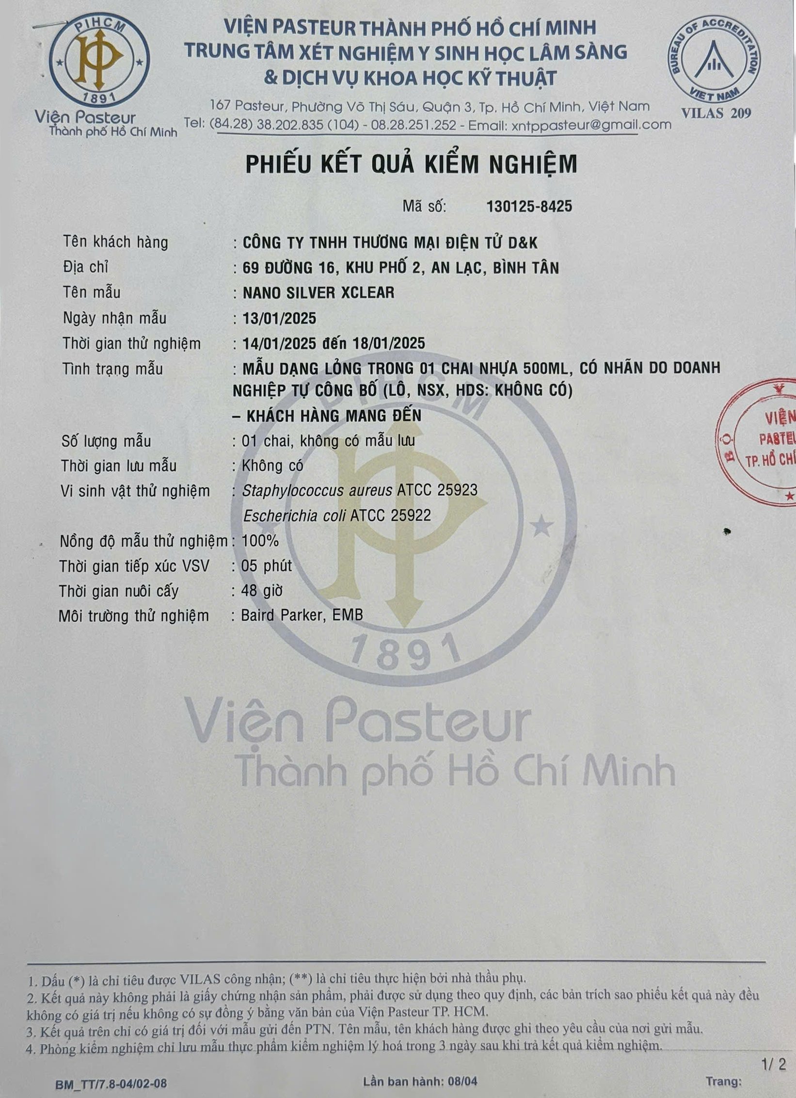 Phiếu kết quả kiểm nghiệm 2